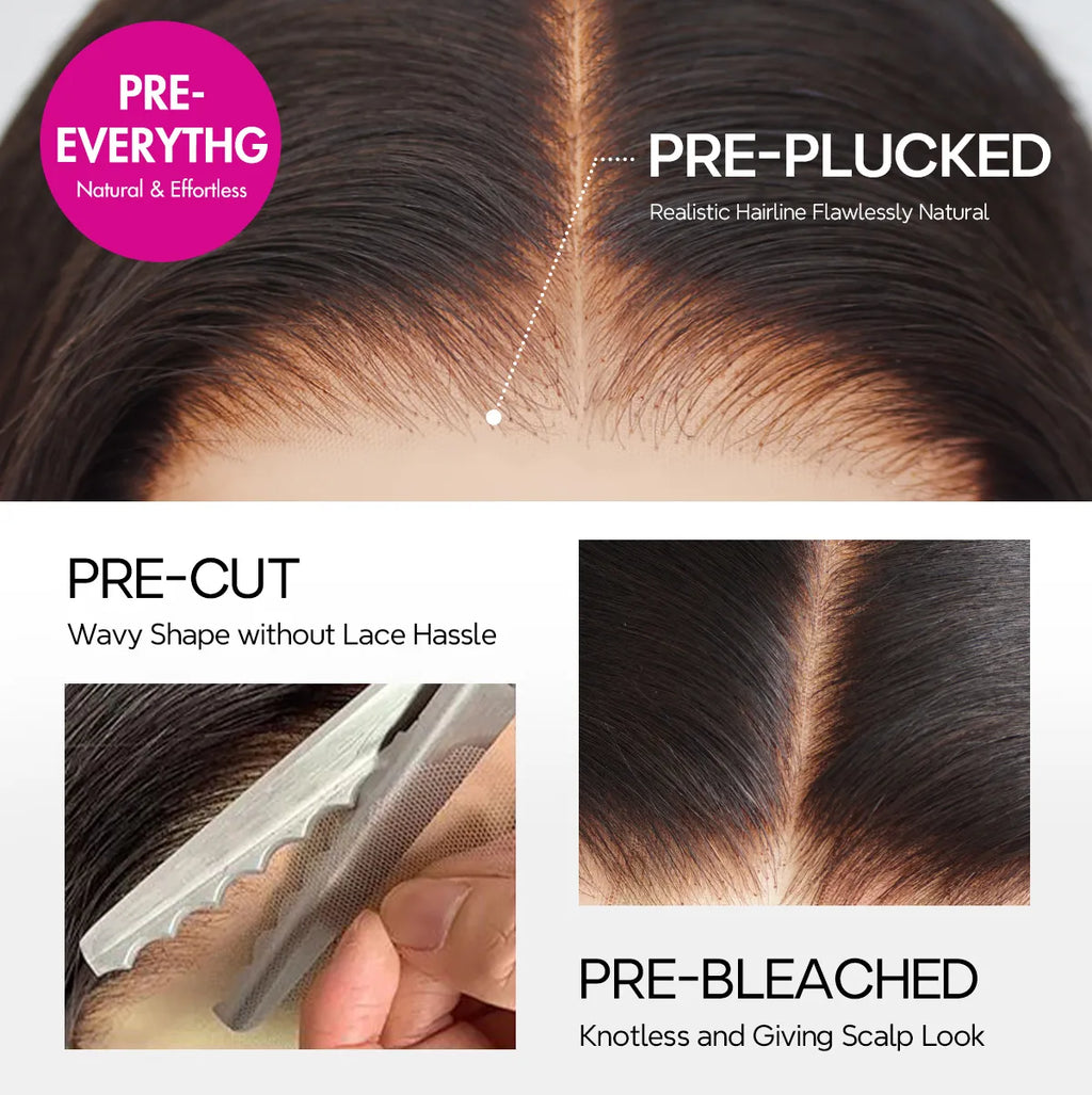 Pull &amp; Go Bouncy Water Wave Glueless Wig Short Bob Wig Pre-Cut 6x5 Lace Bleached Knots