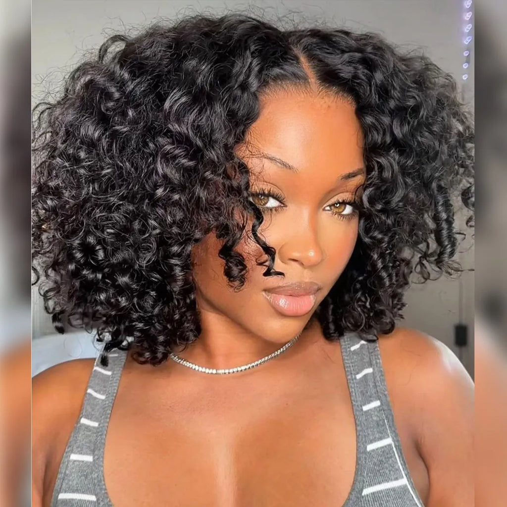 Pull &amp; Go Bouncy Water Wave Glueless Wig Short Bob Wig Pre-Cut 6x5 Lace Bleached Knots