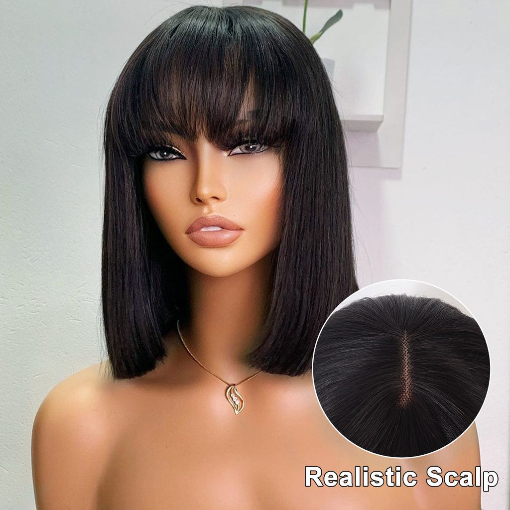 Put On &amp; Go Straight Bob Wig With Bangs Minimalist Undetectable HD Lace Realistic Scalp
