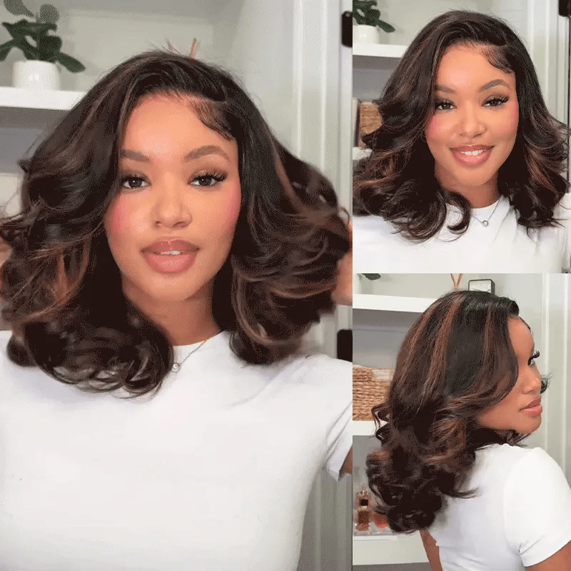 Highlight Brown Layered Cut Loose Wave Glueless Wigs Pre-Cut 6x5 Lace Human Hair Wigs