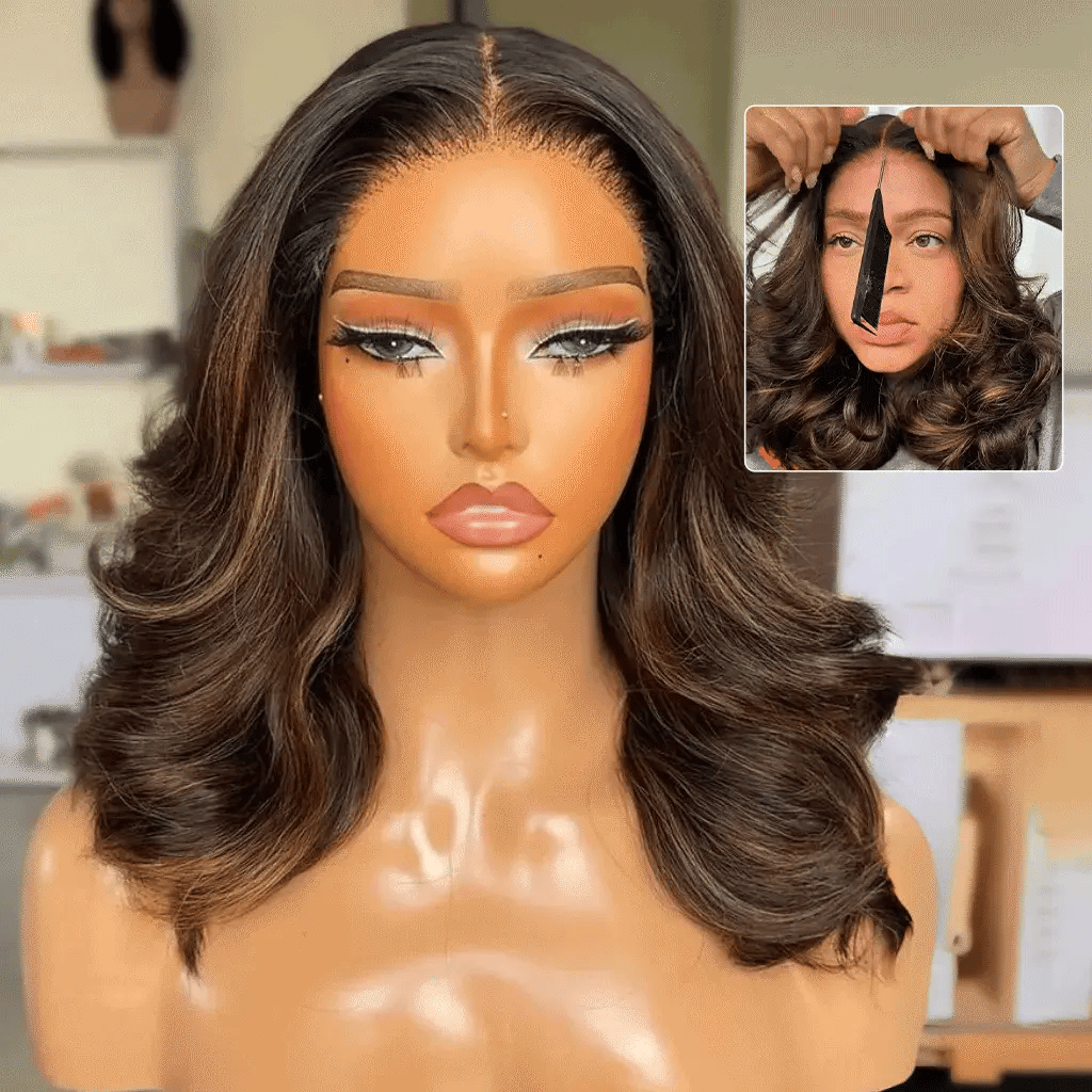 Highlight Brown Layered Cut Loose Wave Glueless Wigs Pre-Cut 6x5 Lace Human Hair Wigs