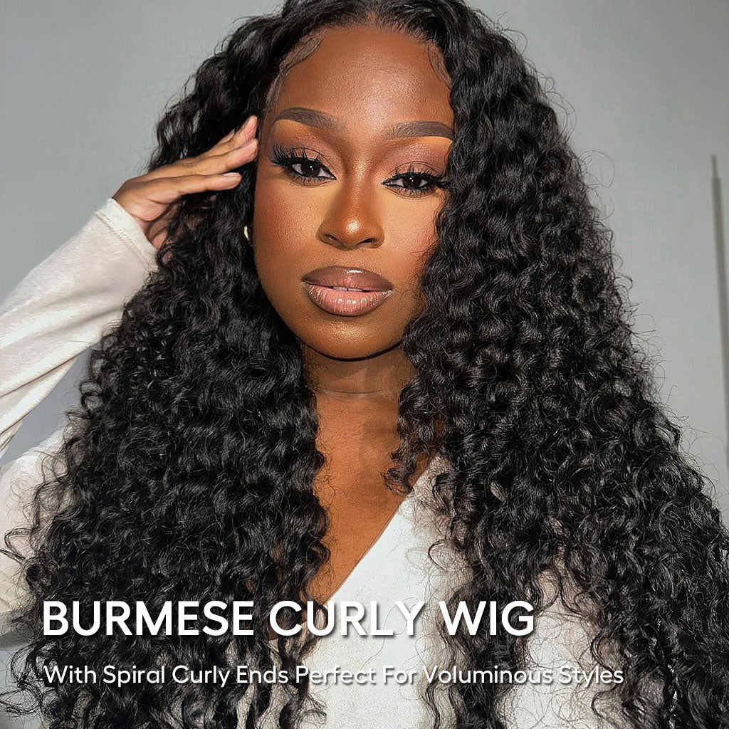 Burmese Curly Wig With Spiral Curly Ends Pull &amp; Go Glueless Human Hair Wig 180%