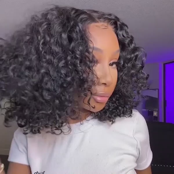 Pull &amp; Go Bouncy Water Wave Glueless Wig Short Bob Wig Pre-Cut 6x5 Lace Bleached Knots